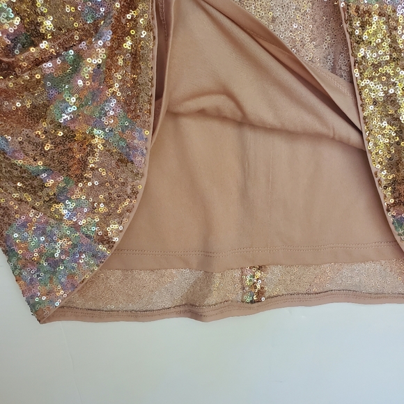 New Sequin Mini Dress Flare Sleeve Stretchy Pastel Champagne Size M NWT! Rose - Picture 7 of 12